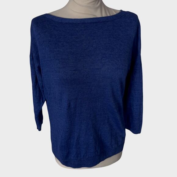 Talbots Petites MP Blue 3/4 Sleeve 100% Linen Top Tie Back Neckline - Picture 1 of 8